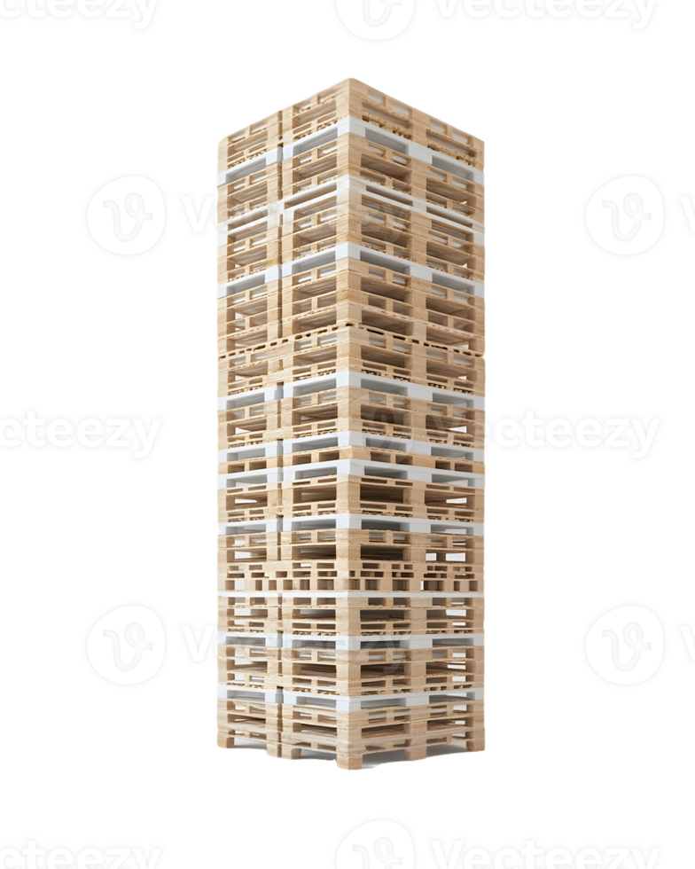 Tall stack of wooden pallets showcasing natural texture and organized design ideal for industrial storage solutions and sustainable building practices png
