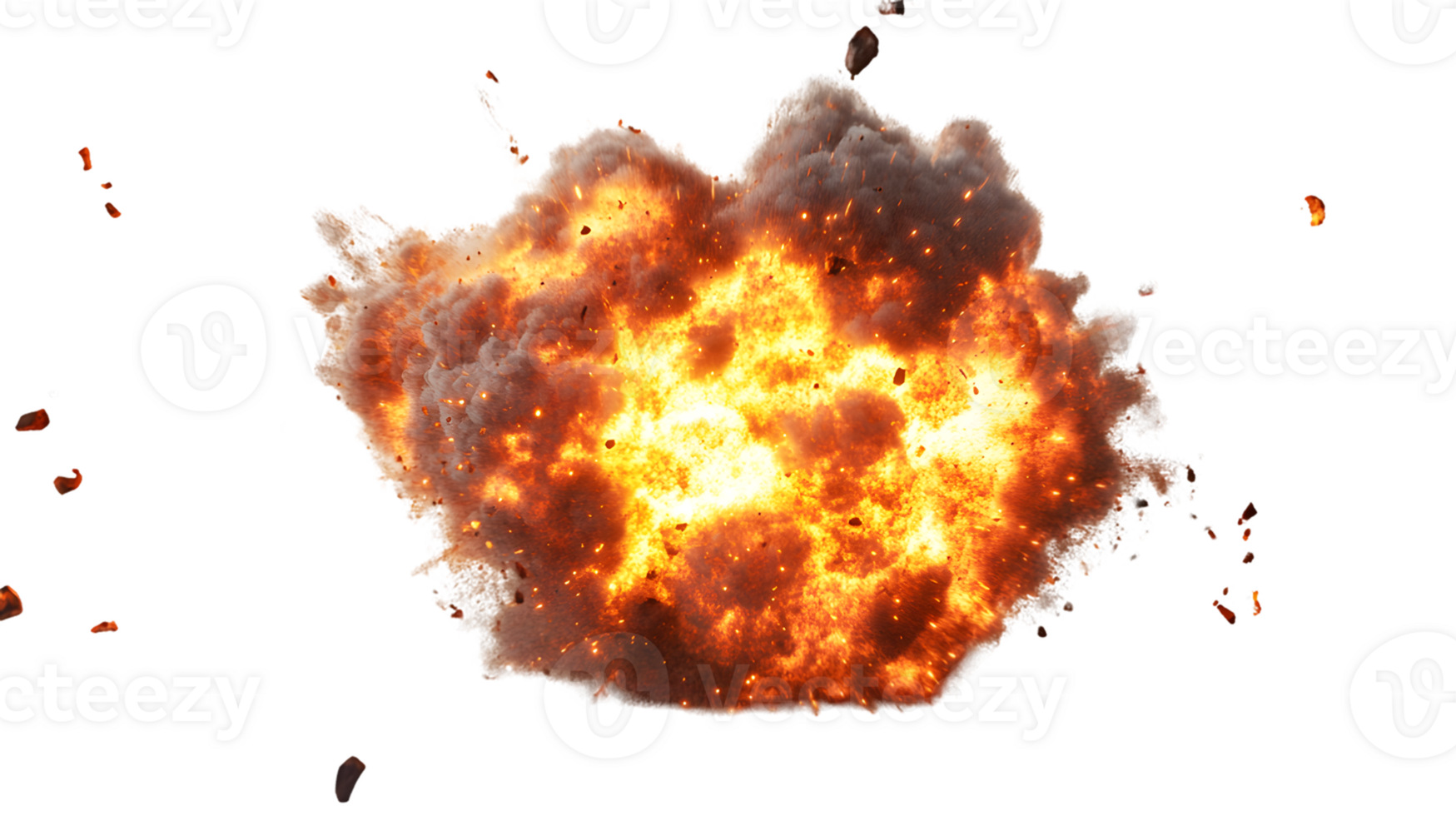 Powerful explosion erupting with vibrant orange flames and thick black smoke scattering debris in a dramatic display of energy and chaos png