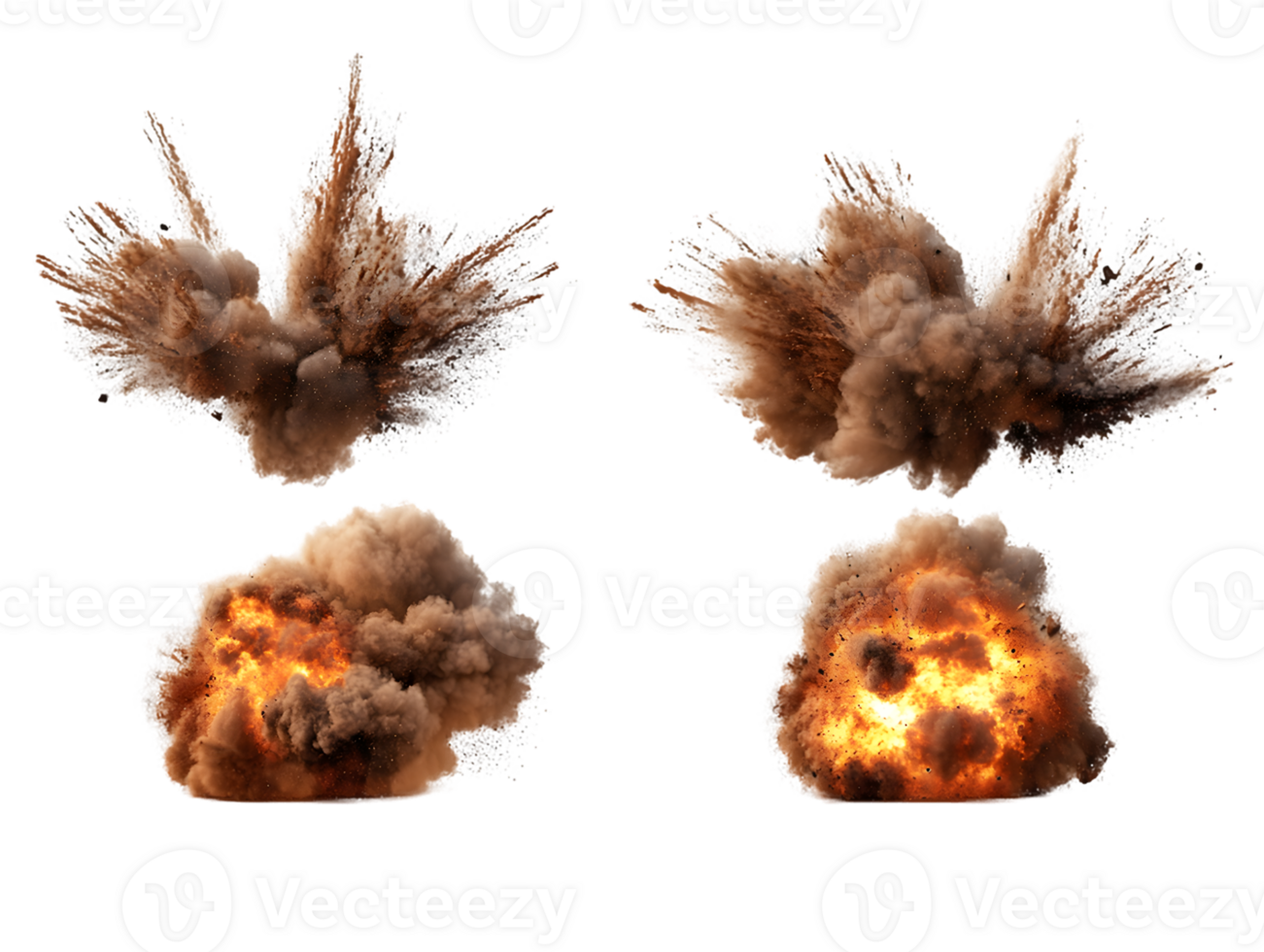 Series of explosive blasts showcasing dynamic energy with vibrant colors and chaotic smoke patterns illustrating the impact and intensity of powerful eruptions png