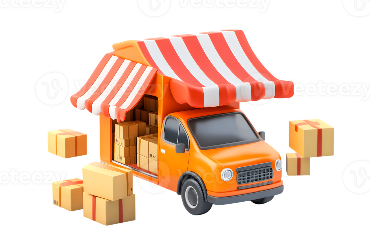 Vibrant orange delivery truck with striped awning surrounded by cardboard boxes showcasing mobile commerce and modern service in a lively urban environment png