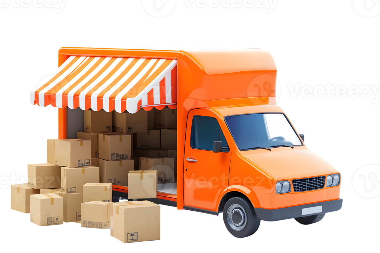 Vibrant orange delivery van parked with cardboard boxes showing dynamic logistics and transportation scene filled with energy and purpose. png