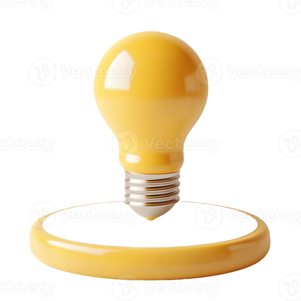 Vibrant yellow light bulb suspended above a circular base representing creativity and innovation in a modern artistic setting png
