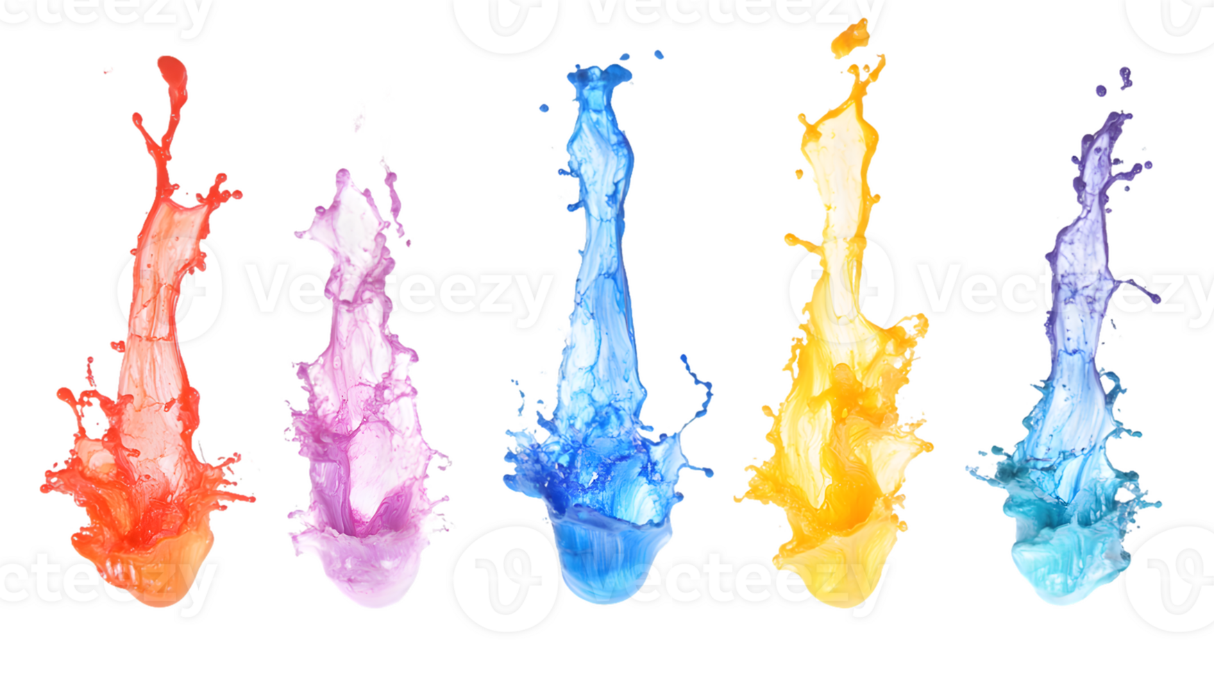 Vibrant array of colorful paint splashes in dynamic red purple blue yellow and aqua creating energetic and creative visual expression png