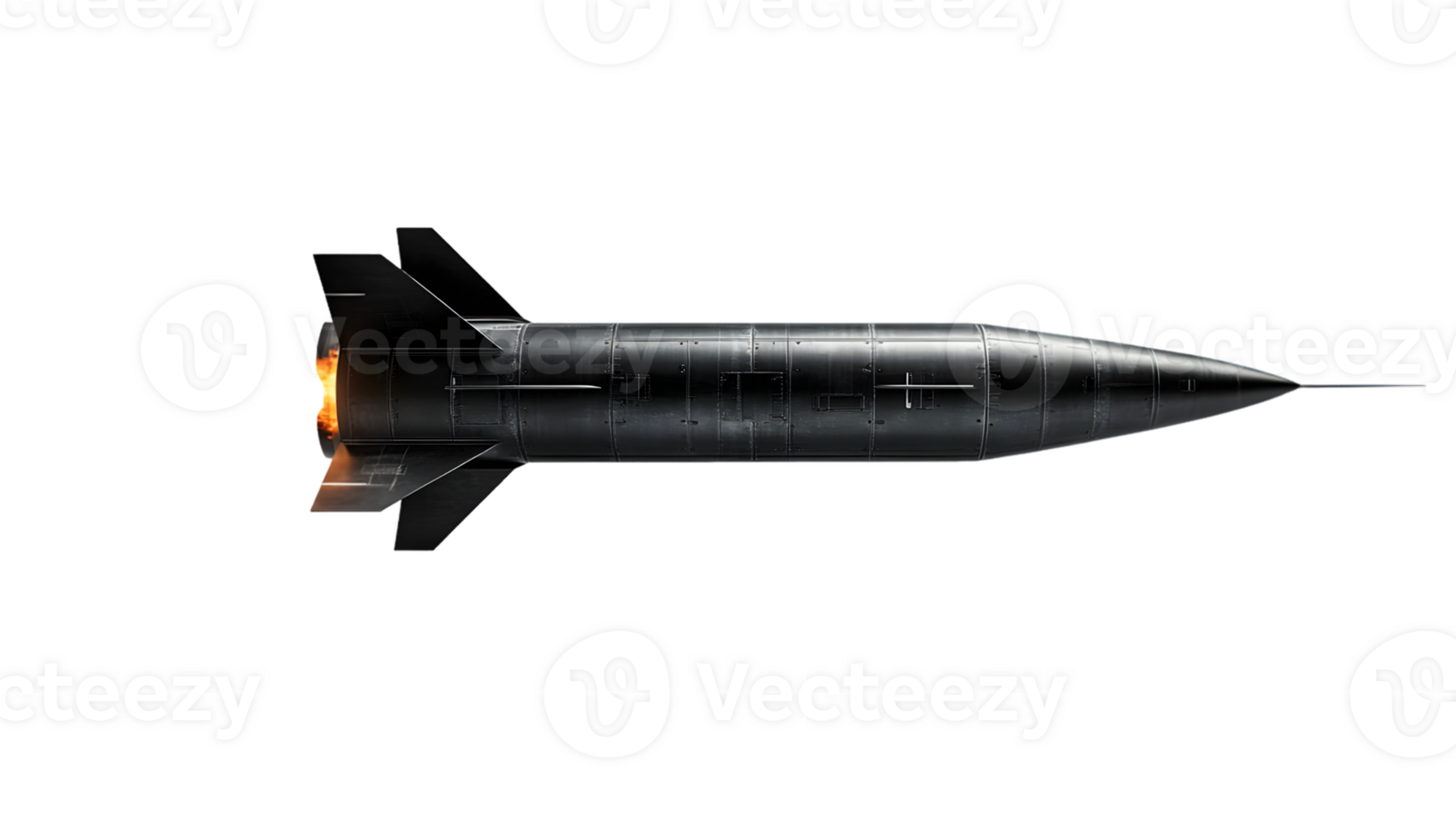 Advanced aerodynamic black rocket with powerful engine thrust and flames showcasing modern aerospace technology in flight png