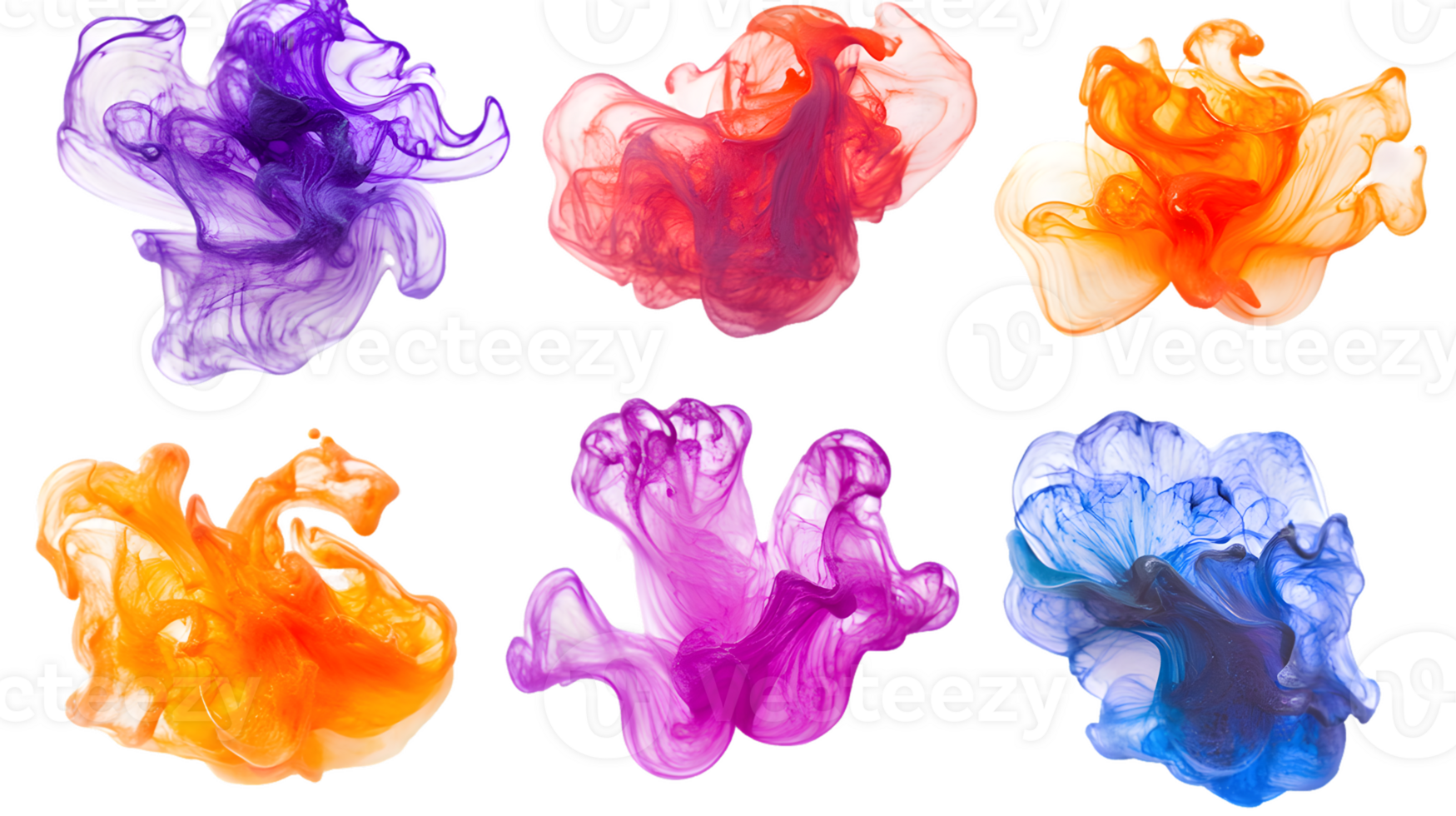 Vibrant swirls of colorful ink blending together in artistic formations with hues of purple orange red pink and blue creating an eye catching visual effect png