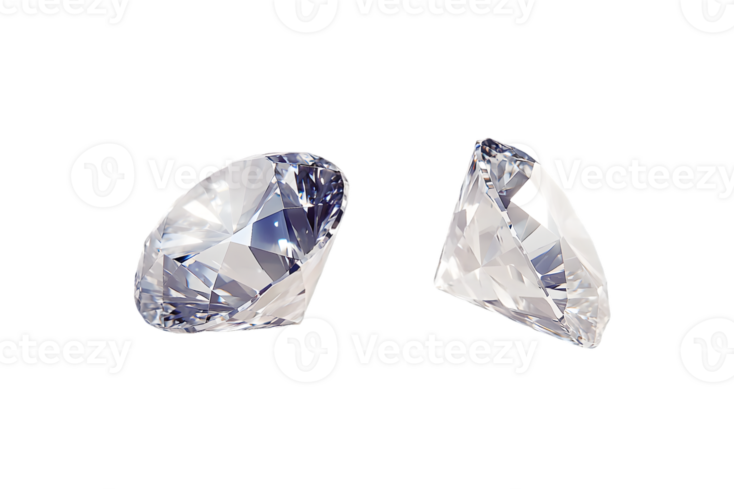 Close-up view of two sparkling diamonds showcasing brilliance and clarity against a dark background highlighting intricate cut and light reflection. png