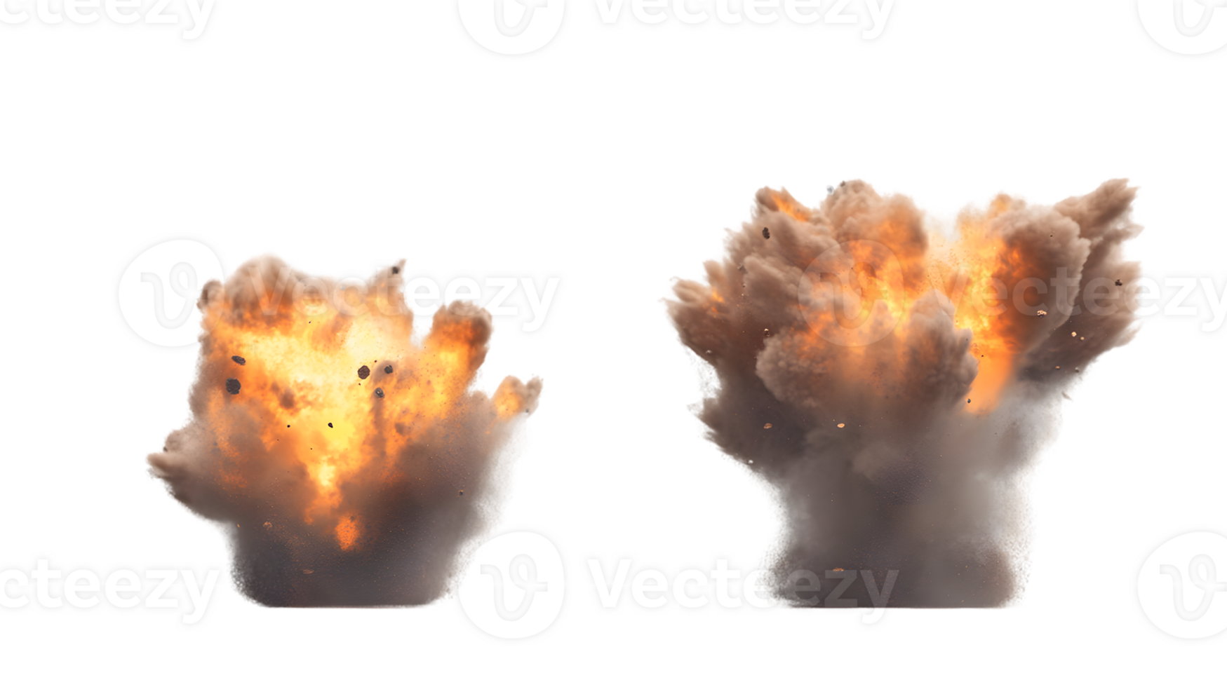 Dramatic display of two explosive events featuring vibrant flames and thick clouds of dust illustrating the raw power and chaos of explosions png