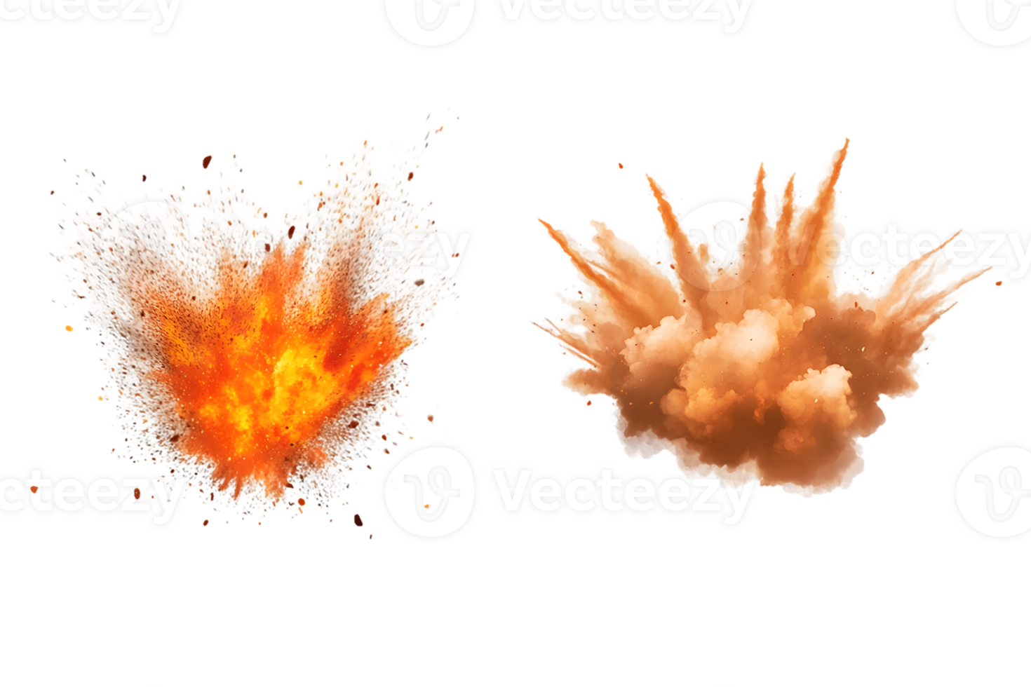 Dramatic display of explosive blasts showcasing a fiery explosion with orange flames and a soft dusty cloud explosion with light brown smoke png