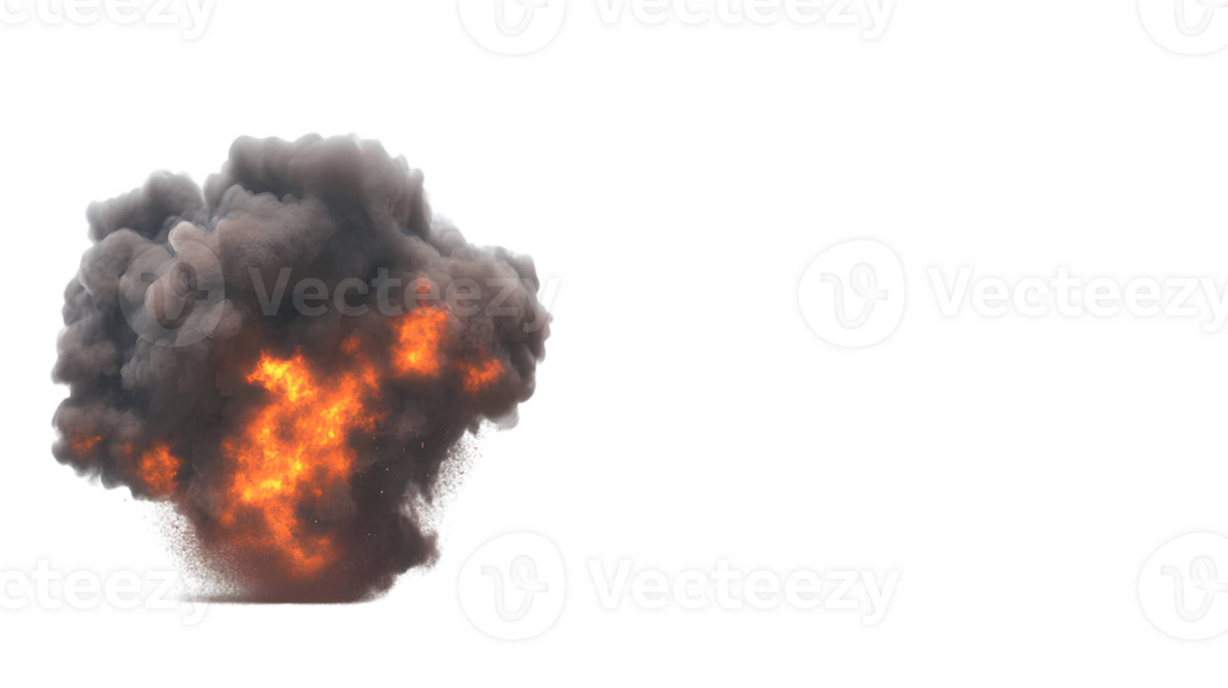 Dramatic explosion with dark smoke and flames creating a striking contrast against a stark background highlighting chaotic energy and destruction. png