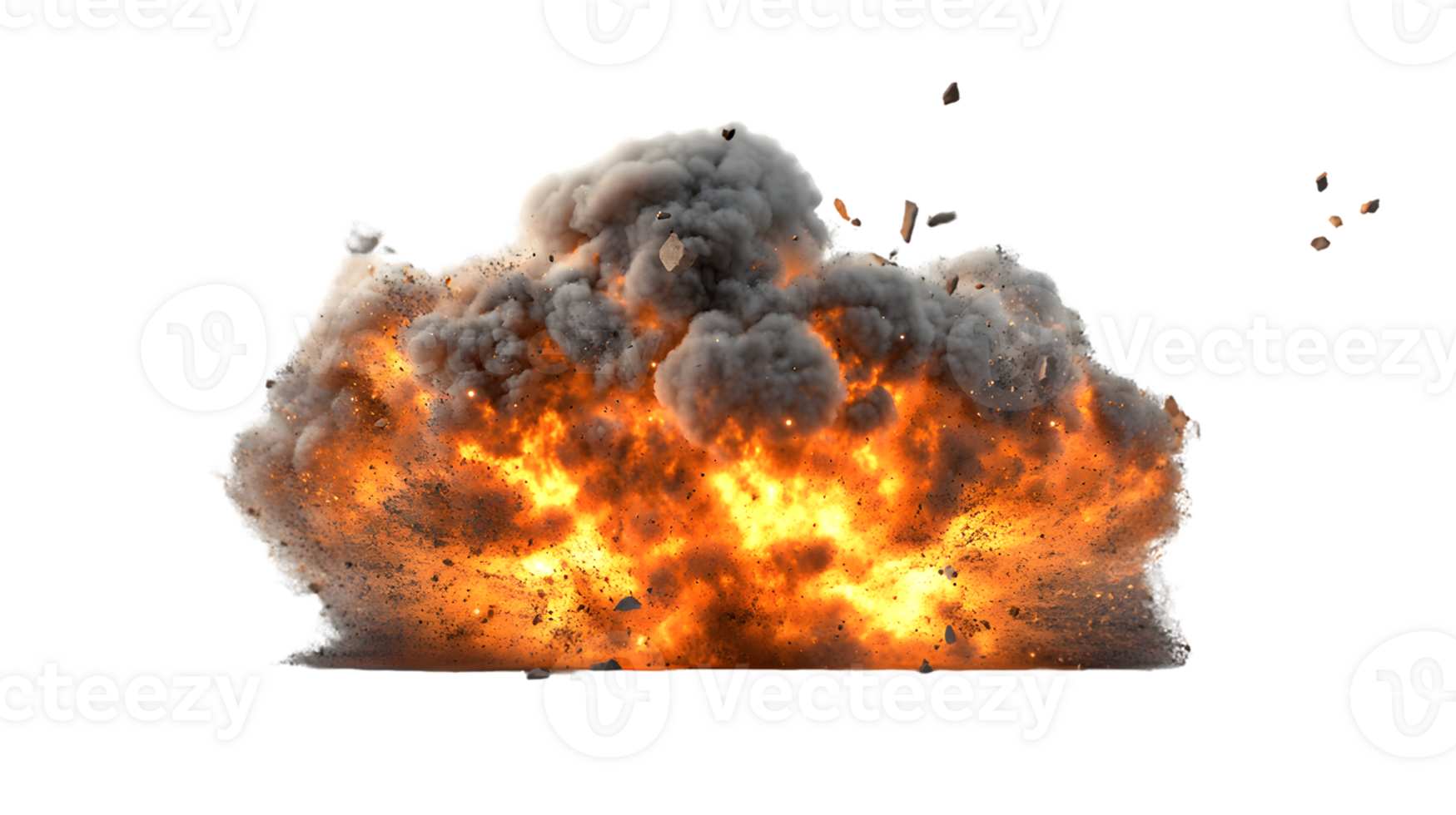 Dramatic explosion creates a fiery display of smoke and flames with intense energy scattering debris in all directions. png