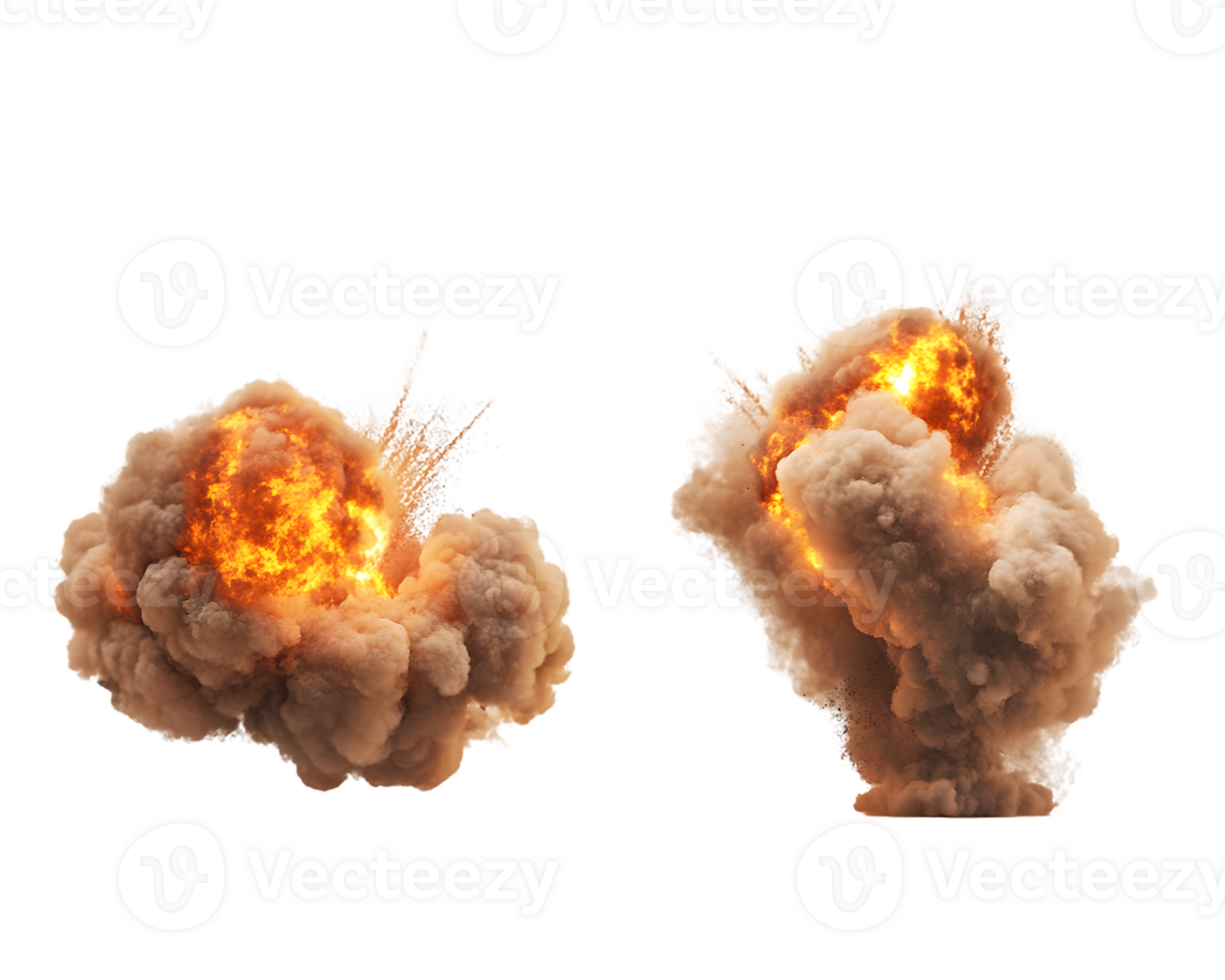 Dramatic display of two powerful explosions featuring massive clouds of smoke and fiery cores illustrating intense energy and chaotic movement png