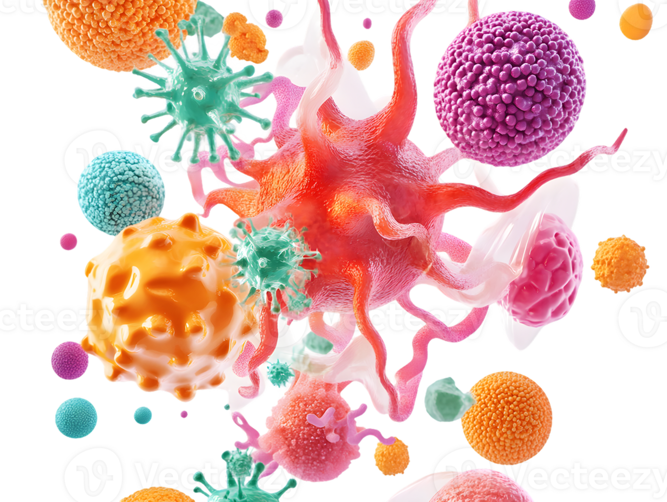 Colorful illustration of diverse microorganisms including bacteria and viruses floating representing the microscopic world of pathogens and cellular structures png