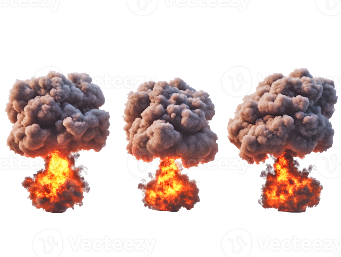 Dramatic display of three distinct explosions with fiery flames and thick smoke billowing into the atmosphere png