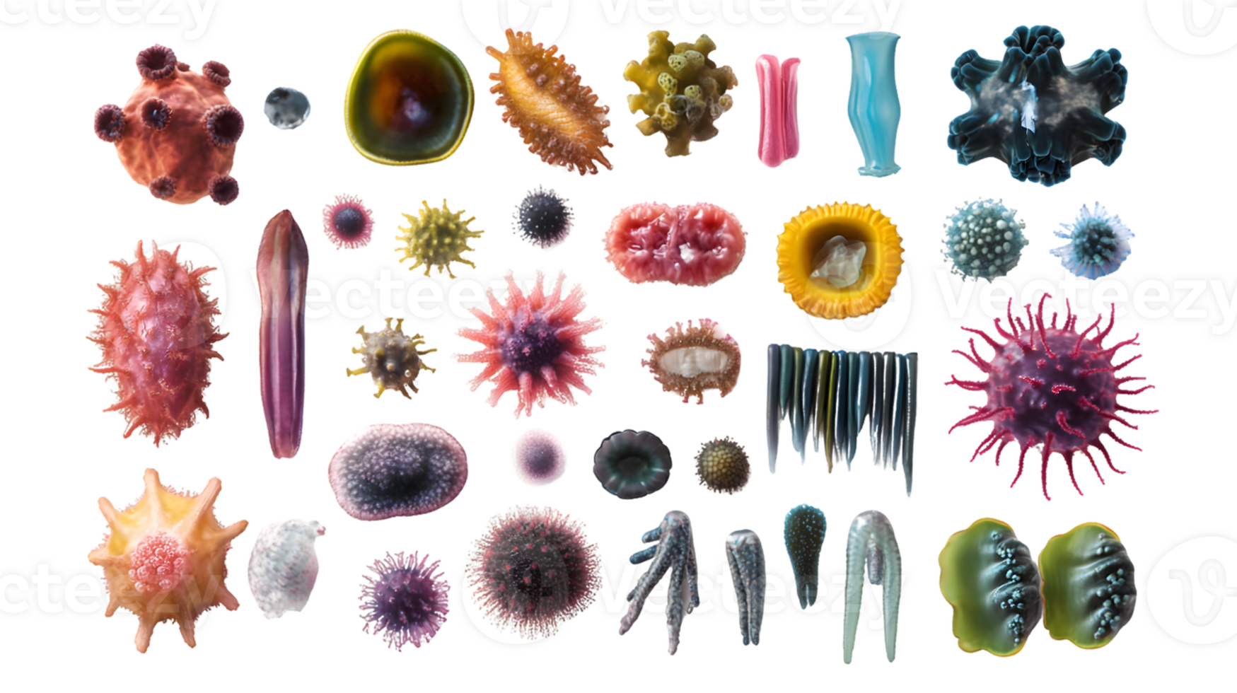 Diverse collection of colorful microorganisms and coral-like structures showcasing intricate details and variety of shapes in a captivating scientific display. png