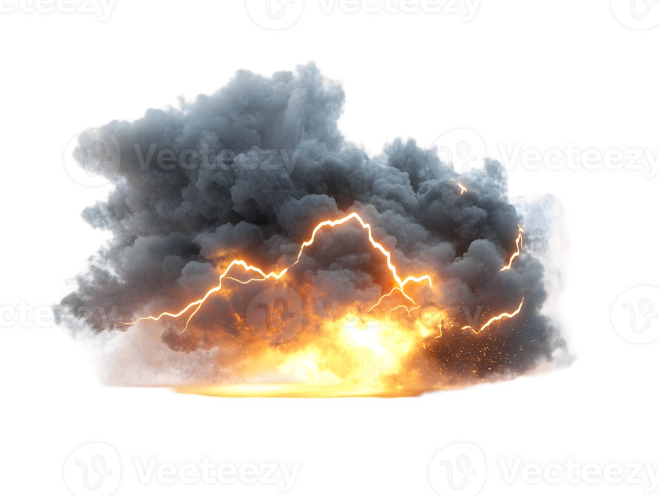Dramatic storm clouds illuminated by bright lightning and fiery bursts of color depicting a powerful natural explosion in the atmosphere png