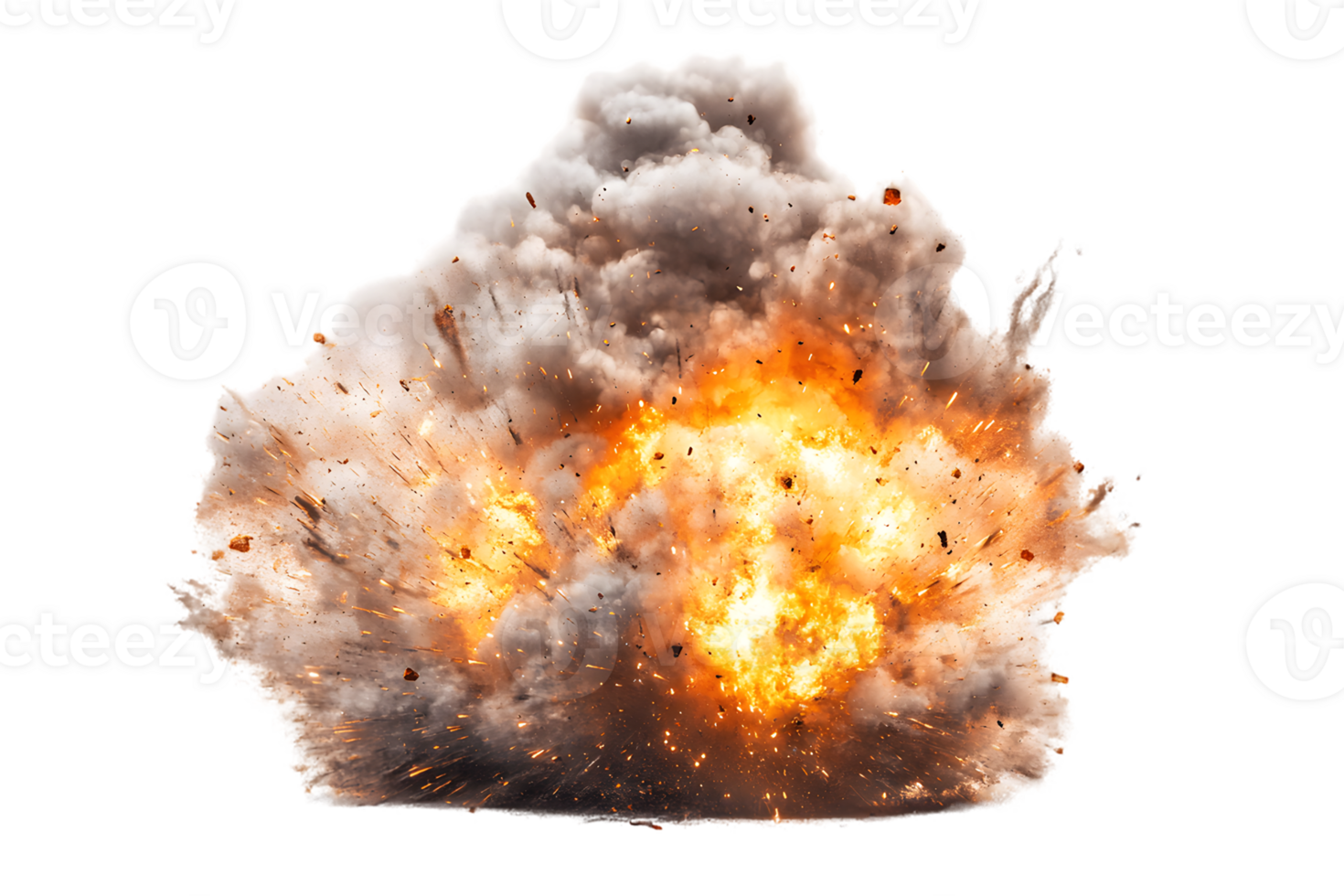 Dramatic explosion with fireball and thick smoke creating an intense scene filled with energy and chaos from the powerful blast and flying debris png
