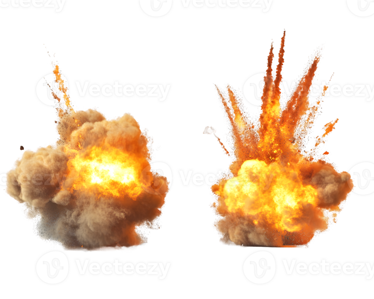 Dramatic scene of two intense explosions showcasing the raw power of fire and smoke in a dynamic display of detonation energy and vivid colors. png