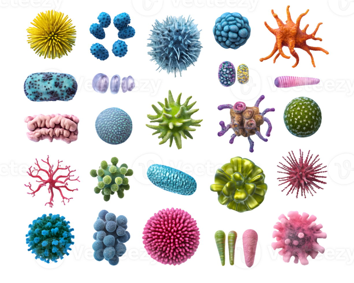 Diverse colorful array of microorganisms showcasing the complexity of microscopic life in a vibrant scientific display png