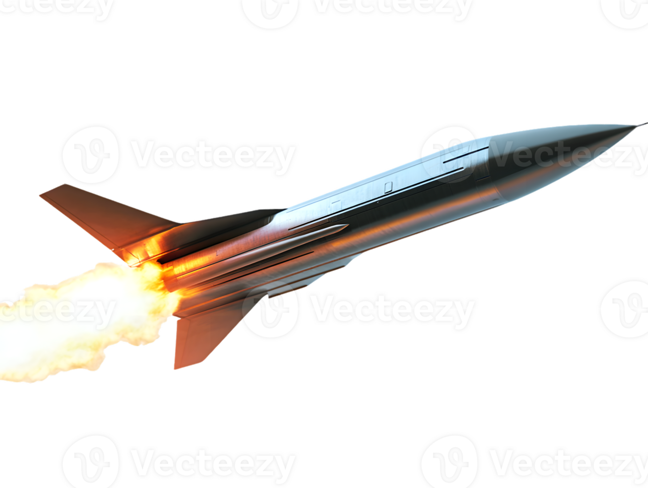 Futuristic rocket soaring through clear blue sky with powerful flames and smoke trail symbolizing speed and advanced technology of space exploration png