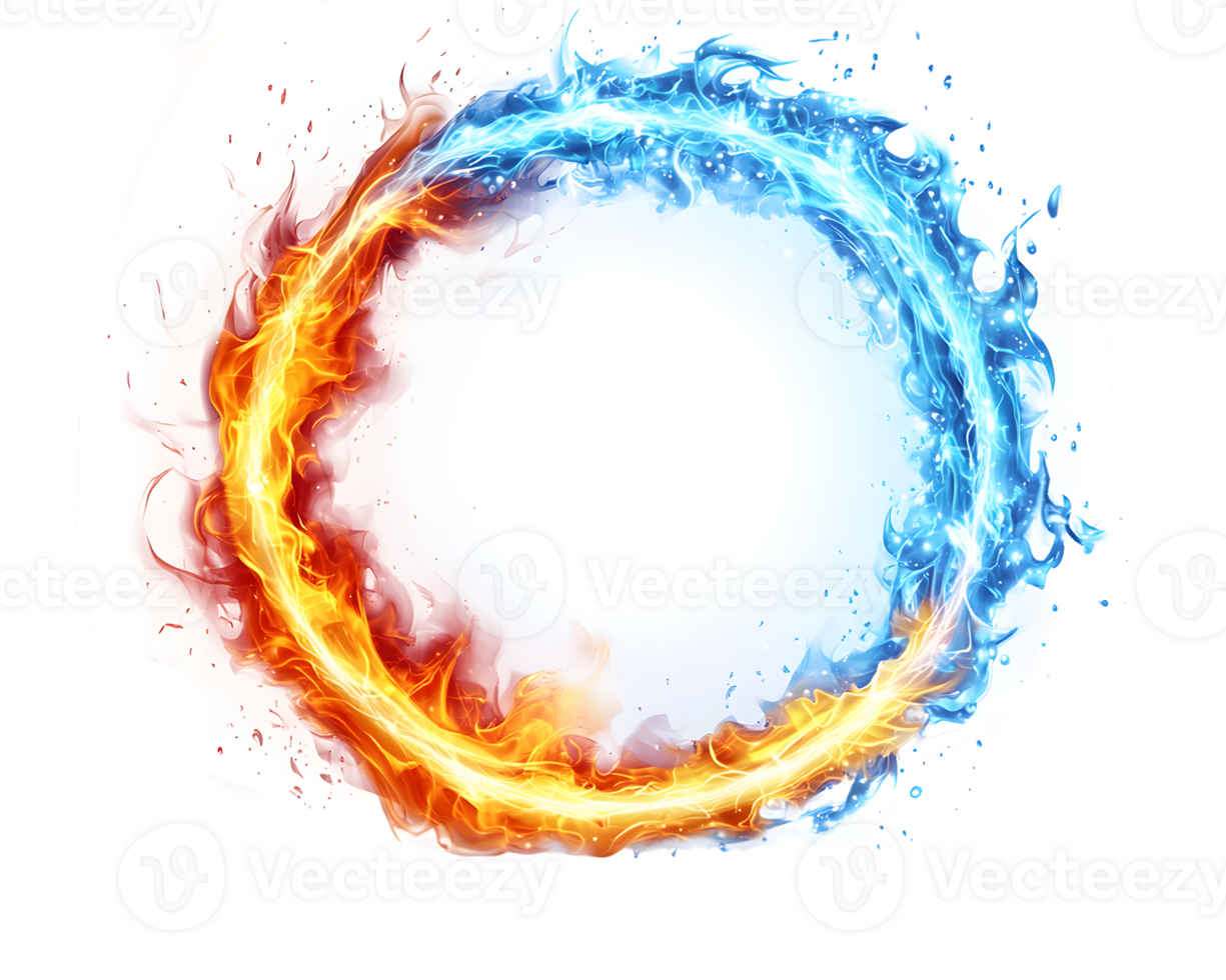 Dynamic circular design featuring swirling flames in orange and red combined with flowing blue water creating an energetic visual contrast png