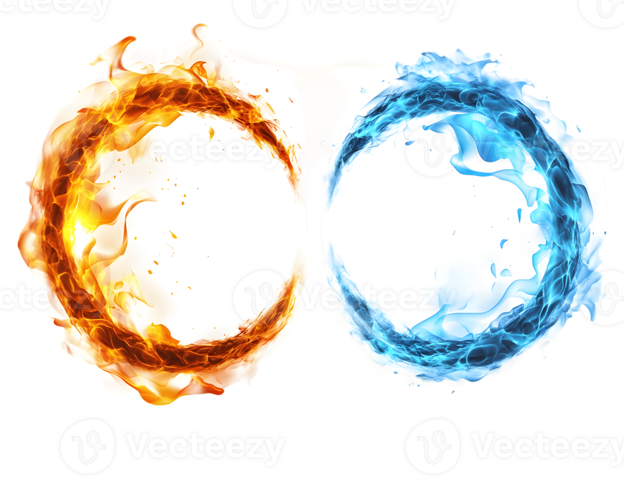 Dynamic illustration of fiery orange and tranquil blue circular elements merging to depict the harmony between fire and water in a visually striking composition png