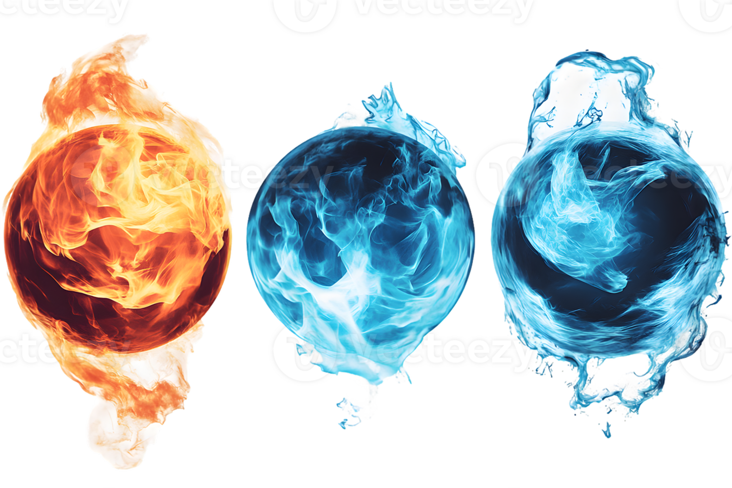 Dynamic composition of elemental spheres showcasing vibrant fire, tranquil water, and icy formations in a visually striking display of energy png