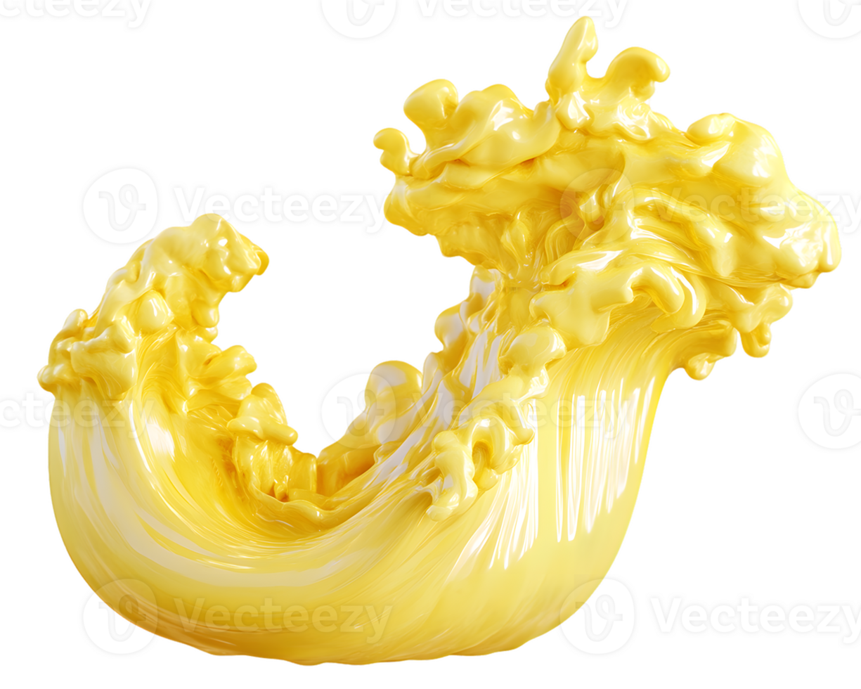 Dynamic splash of vibrant yellow liquid resembling a creative wave showcasing smooth flowing lines and glossy, captivating motion in an abstract art form. png