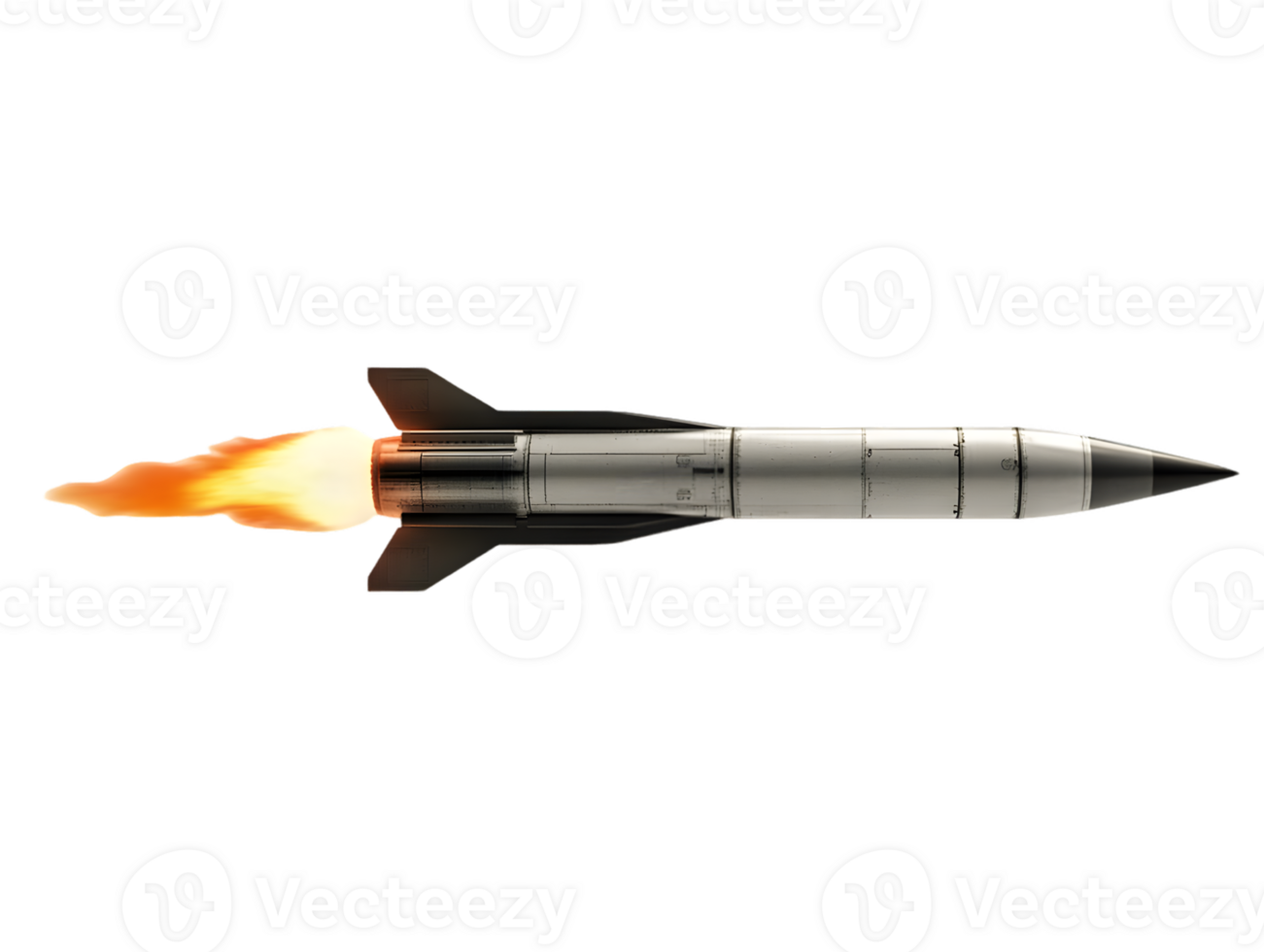 Sleek metallic missile with powerful flame in dynamic mid-launch showcasing advanced technology and military might png