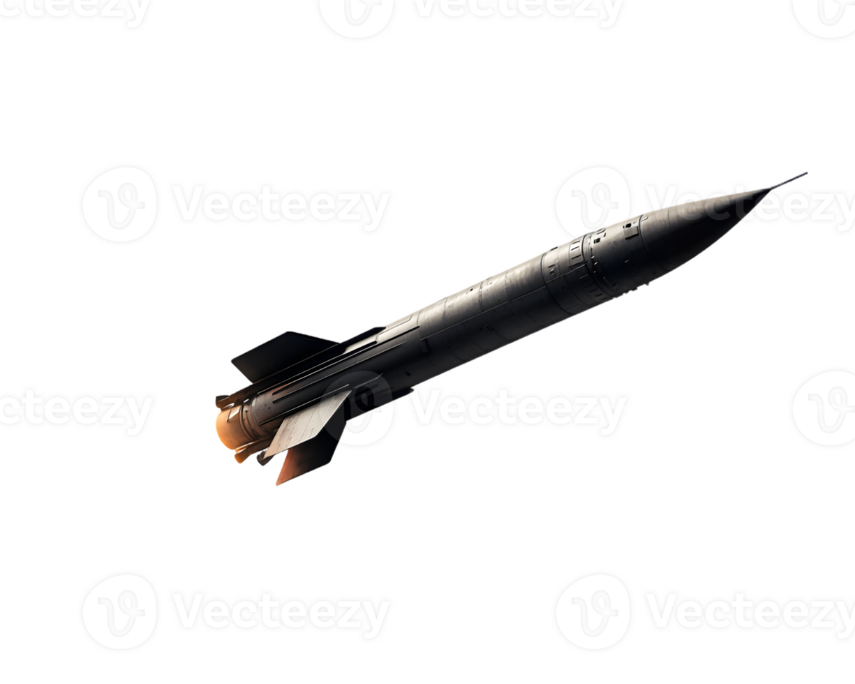 Sleek black rocket ascending into clear blue sky with flames and smoke from engines symbolizing technological advancement in space travel png