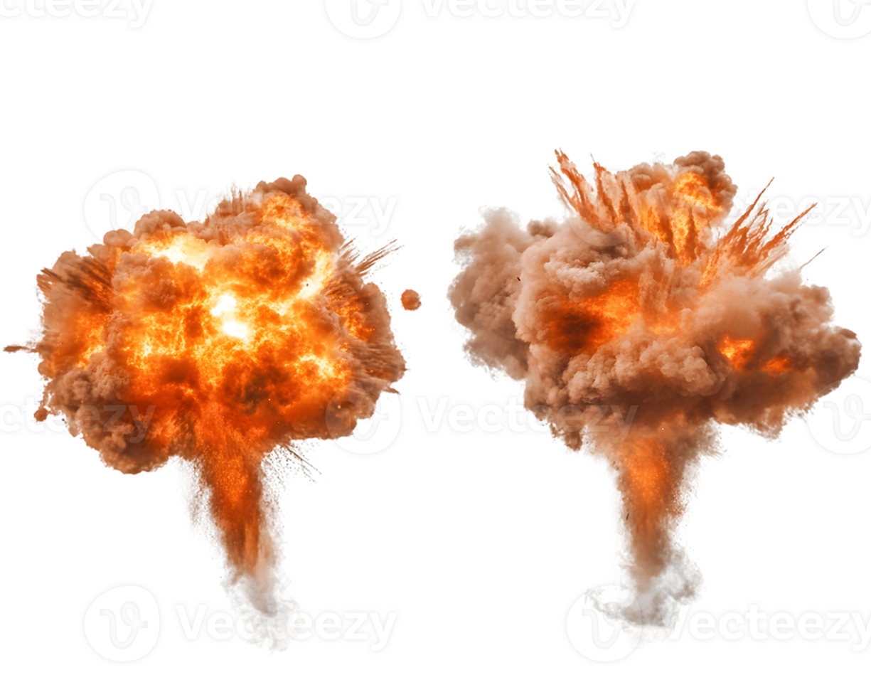 Explosions with dynamic flames and billowing clouds creating a dramatic display of energy and chaos in the midst of destruction png