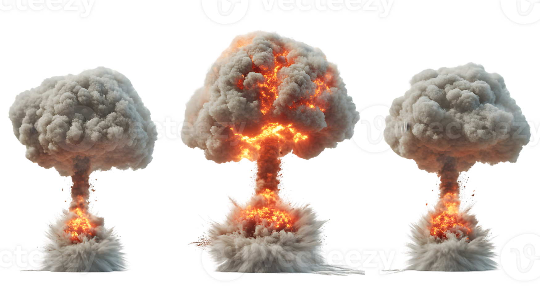 Series of three vibrant mushroom clouds rising from explosions illustrating dramatic fires and thick smoke billowing upwards into the atmosphere png