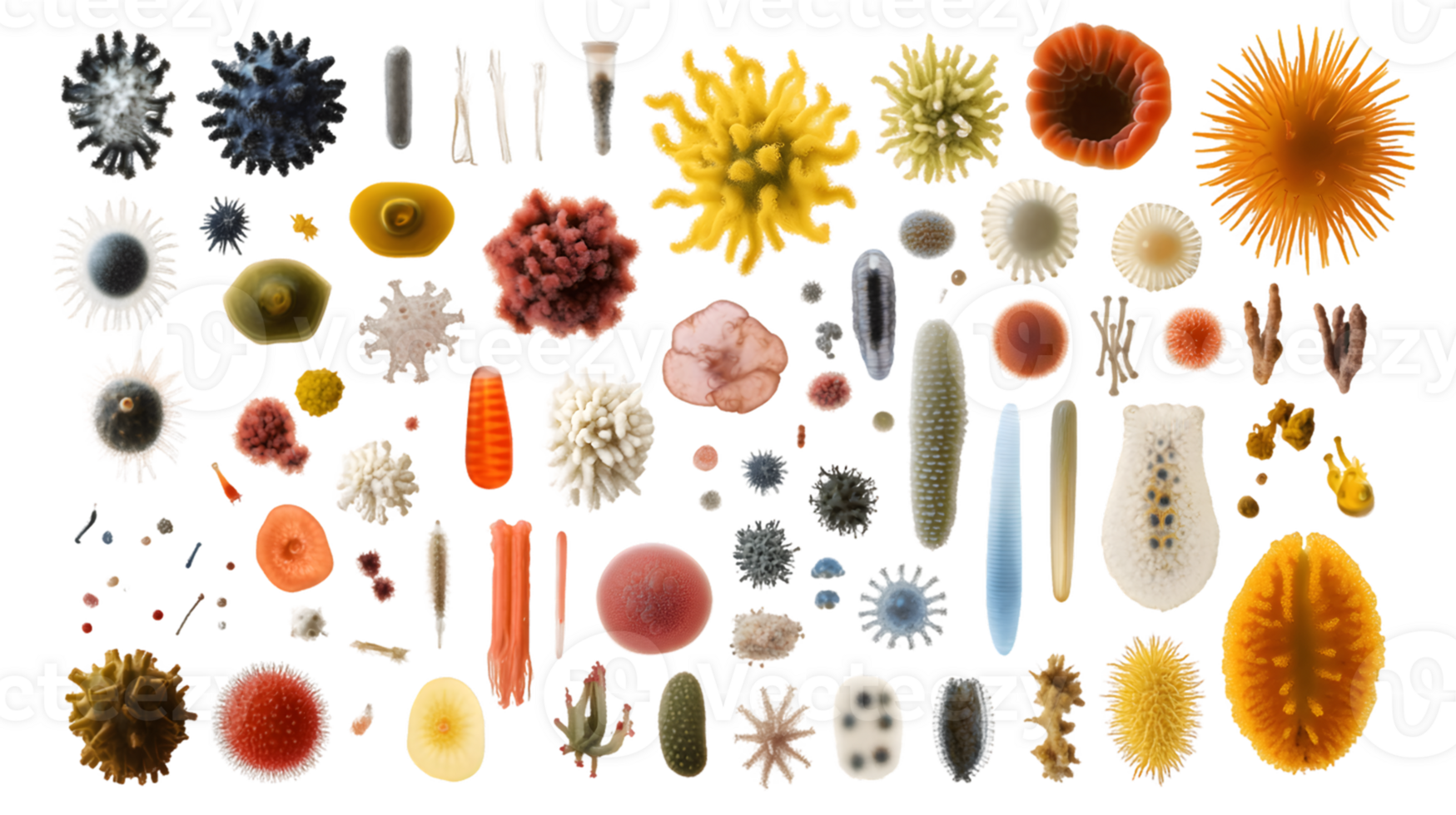 Intricate collection of colorful microorganisms showcasing diverse shapes and textures highlighting microscopic beauty and biodiversity png