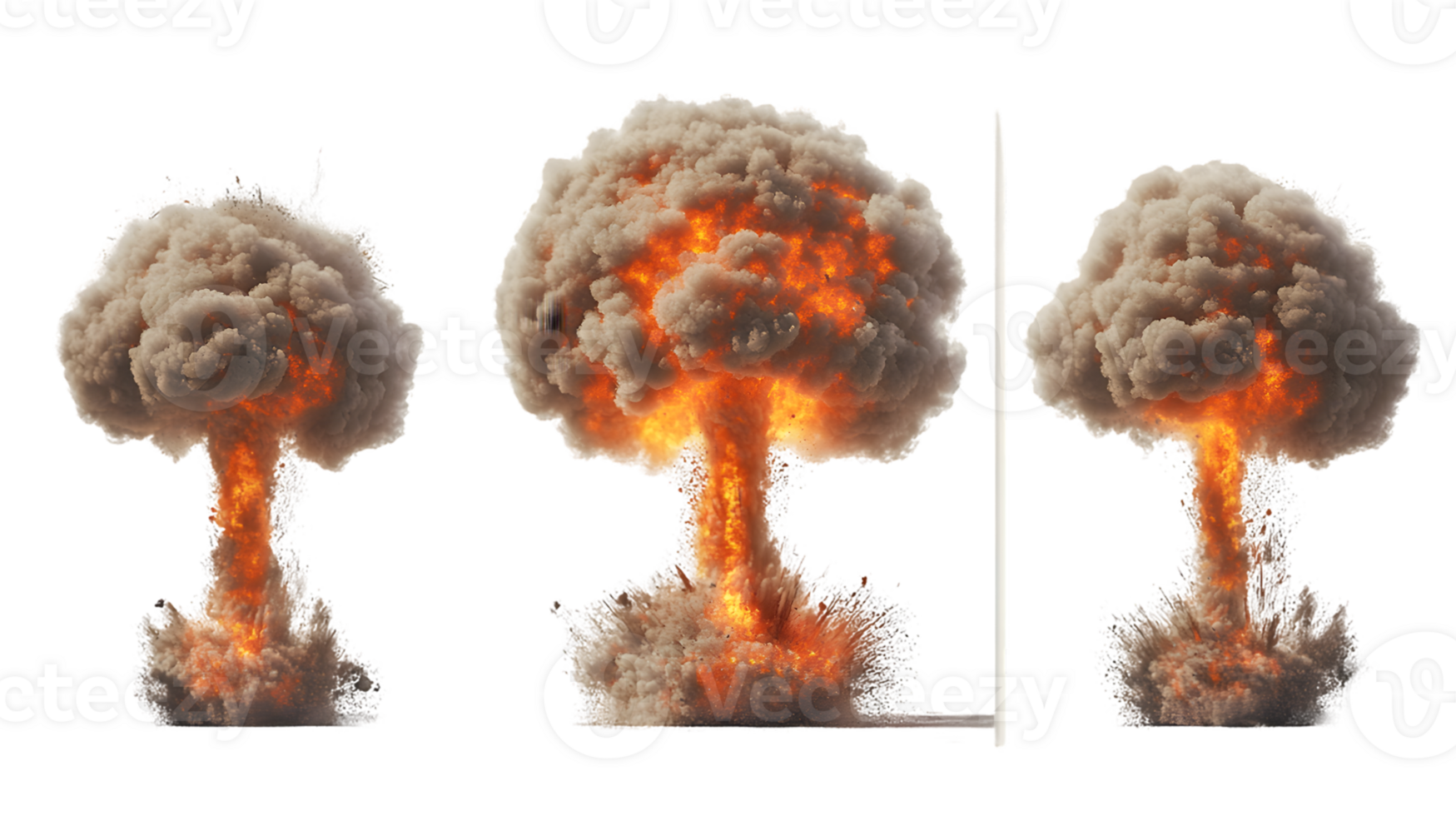Sequence of three explosive mushroom clouds showcasing vibrant orange and fiery yellow hues surrounded by thick gray smoke rising into the atmosphere png