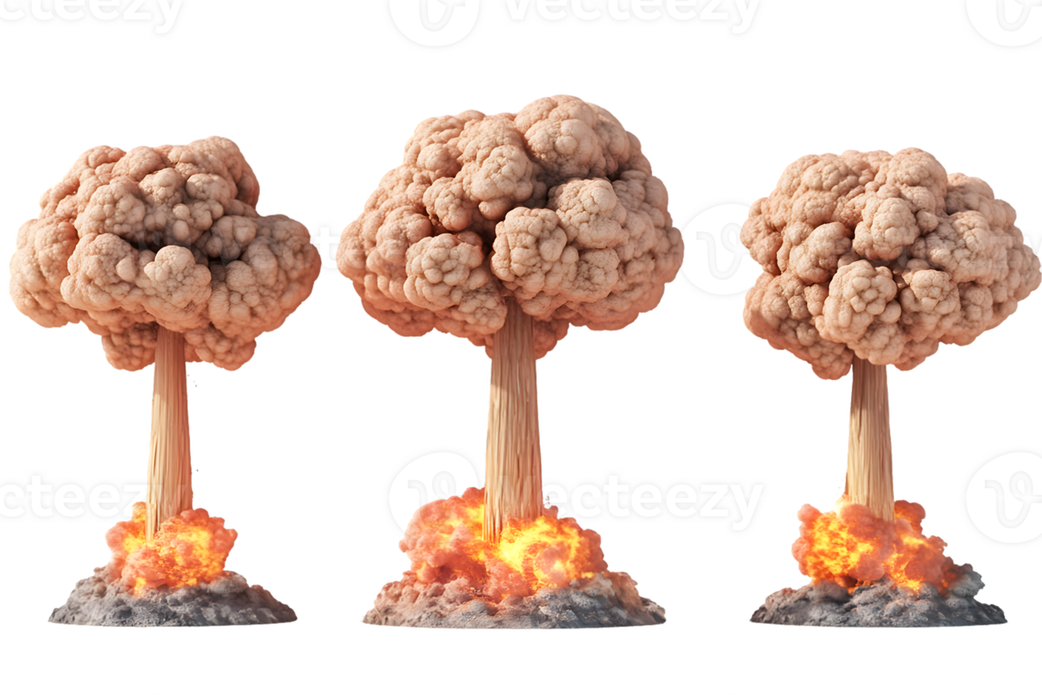 Three distinct mushroom clouds rising from powerful explosions against a black background showcasing smoke and fire in an awe-inspiring display of energy and destruction png