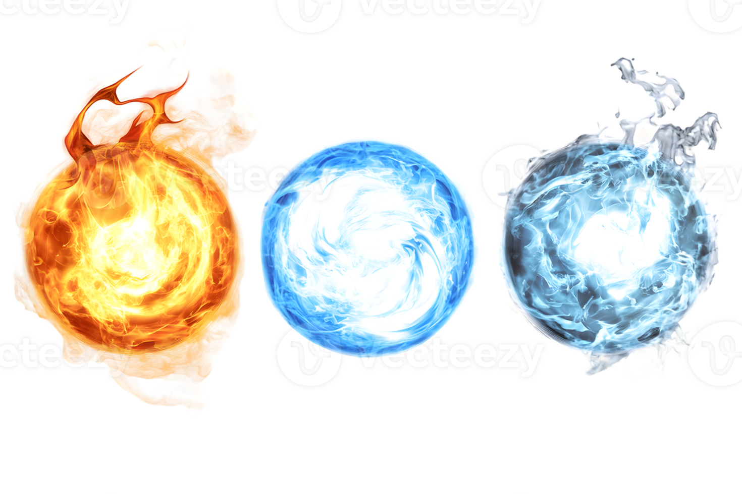 Three elemental orbs representing the forces of fire, water, and ice with vibrant swirling colors png