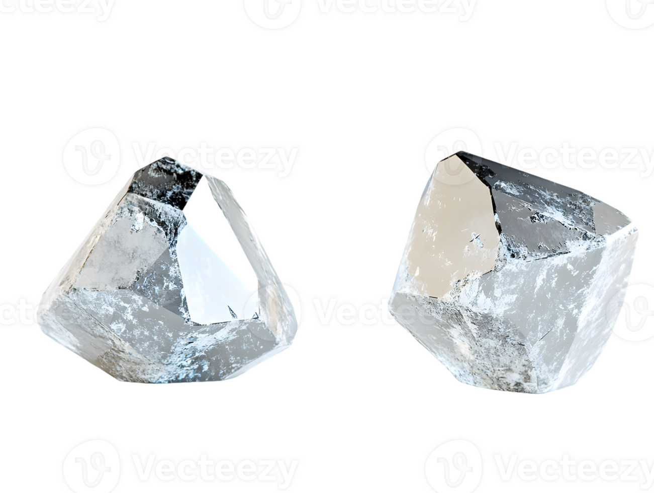 Two beautiful transparent quartz crystals with unique shapes reflecting light and showcasing natural beauty in a minimalist setting png