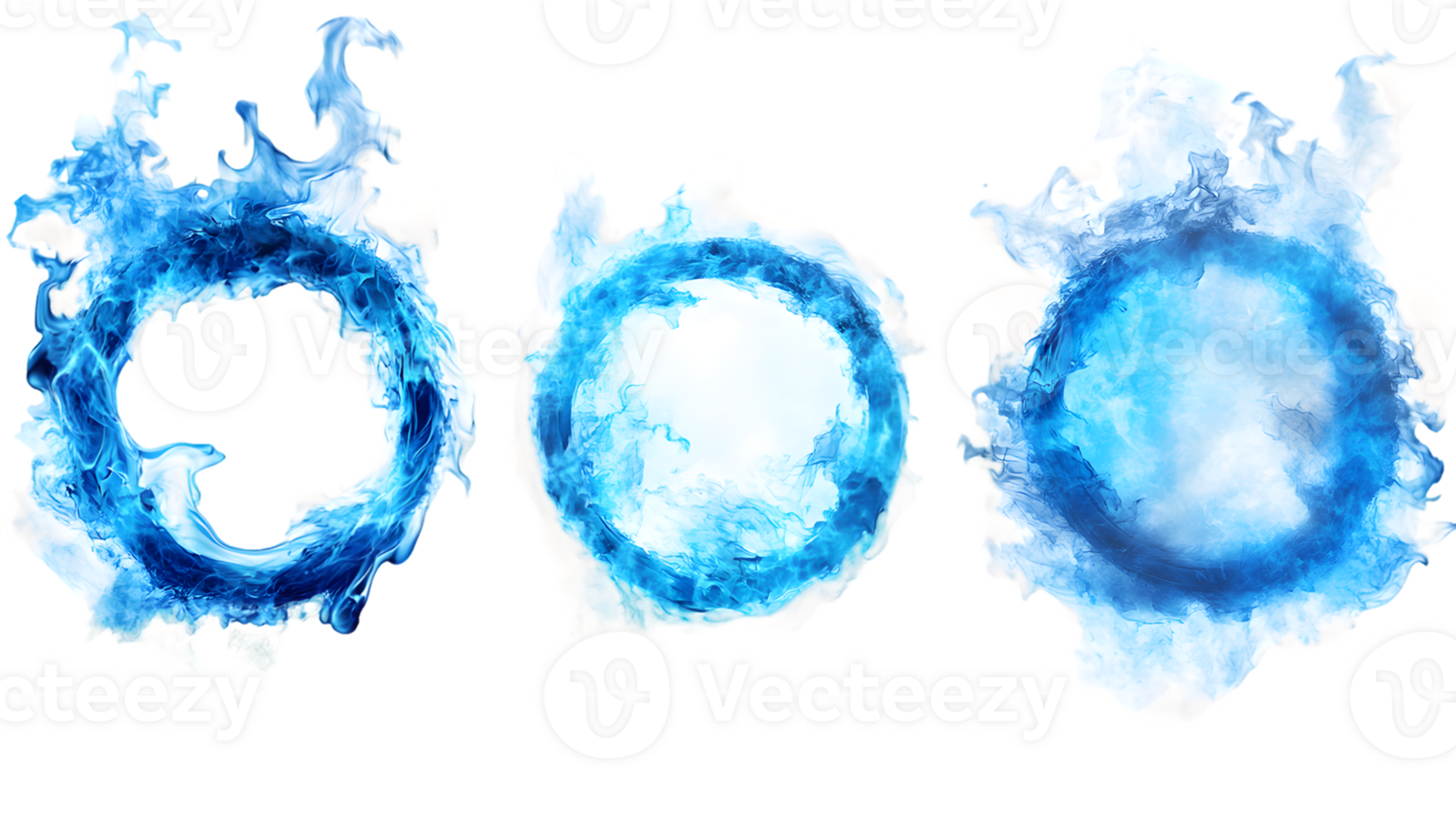 Three circular blue designs with textured patterns resembling elemental water and ice motifs showcasing fluidity and dynamic movement in an artistic composition. png