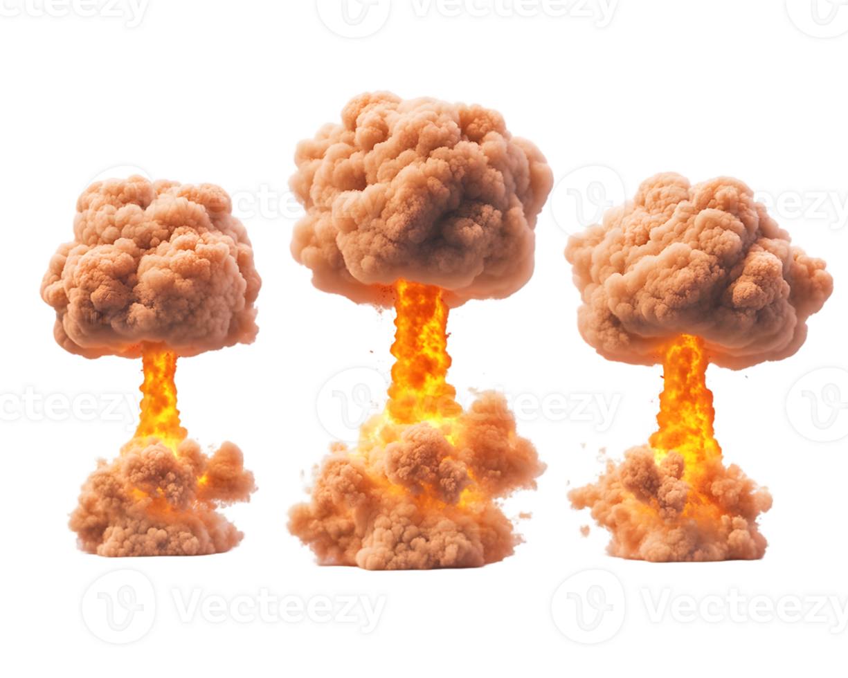 Three distinctive mushroom clouds rising dramatically with fiery plumes of smoke in a powerful explosion scene png