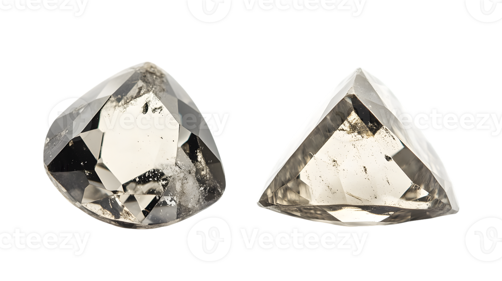 Two exquisite triangular-shaped gemstones reflecting light showcasing unique internal formations and crystal clarity with elegant shine and earthy hues png