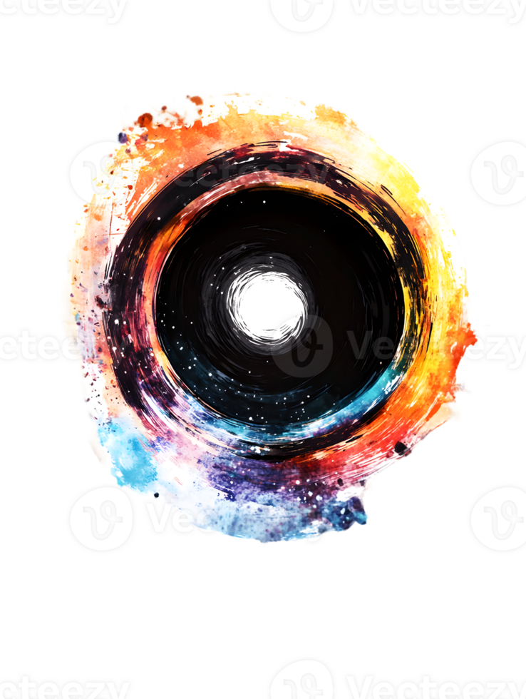 Vibrant circular splash of colors resembling a cosmic theme against a black background showcasing swirling patterns that evoke a sense of depth and movement png
