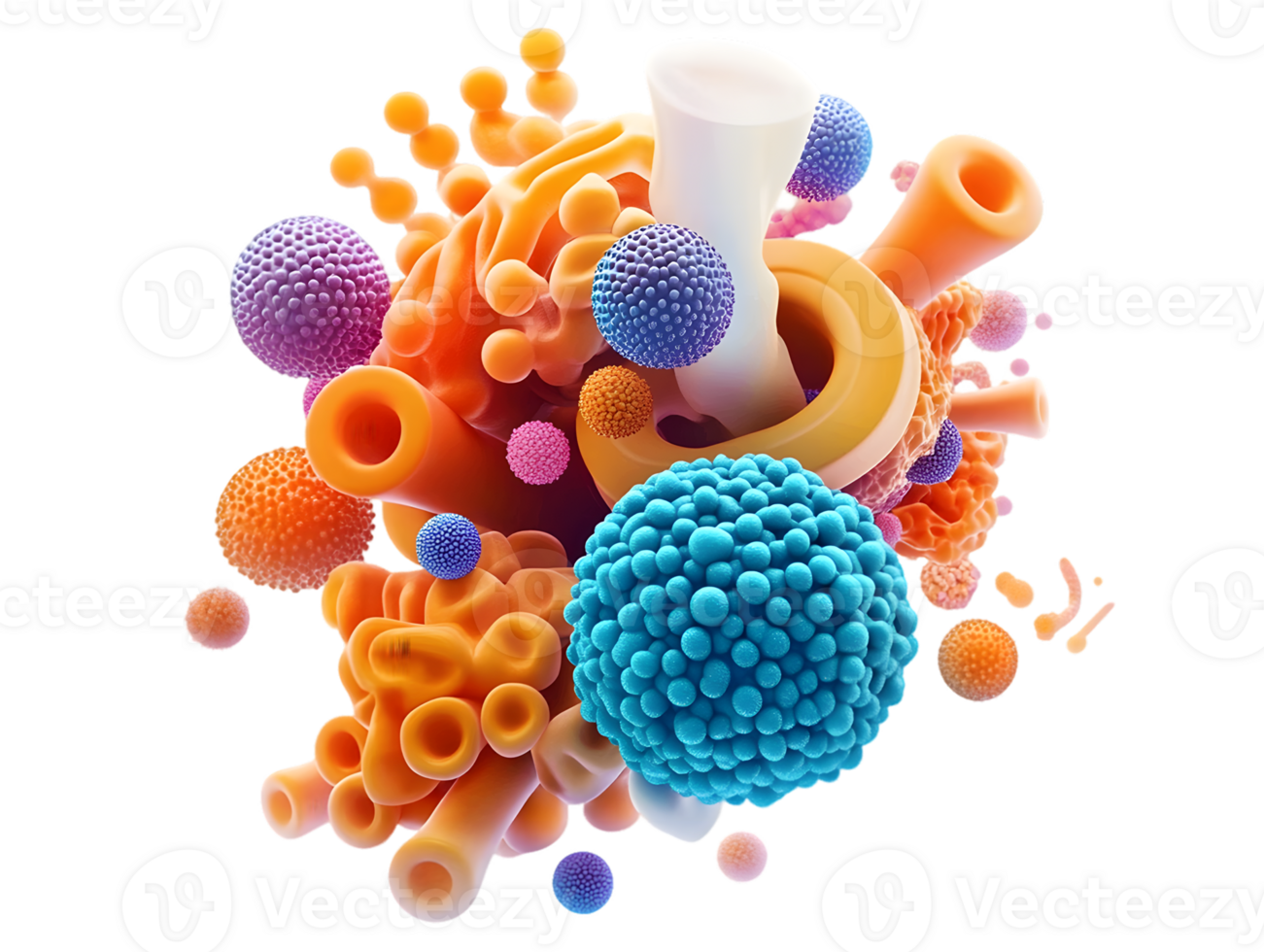 Vibrant abstract composition of colorful biological structures depicting the complexity of microscopic life and cellular processes in a creative and artistic arrangement. png