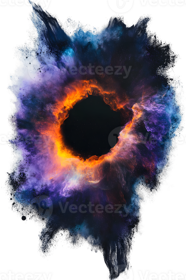 Stunning cosmic illustration of vibrant nebula surrounding a deep black void creating a mesmerizing celestial scene full of color and mystery in the universe png