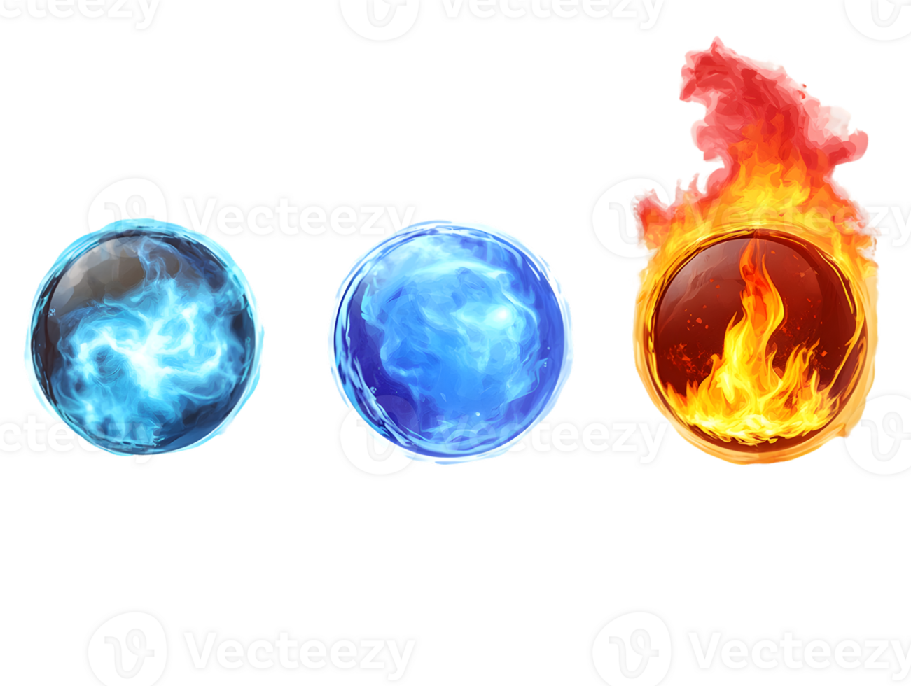 Vibrant elemental orbs representing air water and fire glowing in blue azure and fiery red png