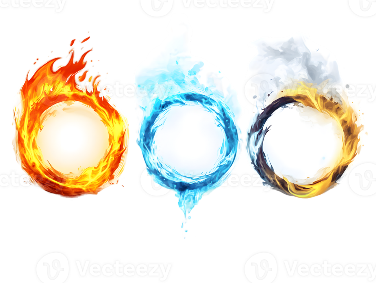 Vibrant elemental symbols of fire water and air designed with dynamic colors and shapes representing the essence of nature and energy in a captivating artistic composition png