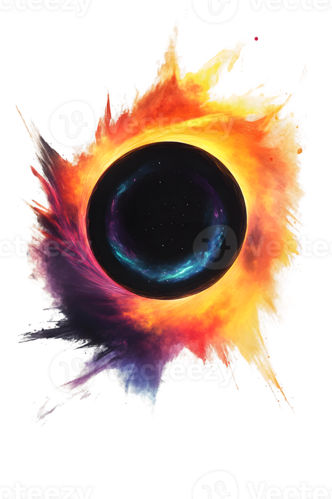 Vibrant cosmic scene featuring a dark circular void surrounded by explosive colors of orange, yellow, and purple resembling a celestial phenomenon png