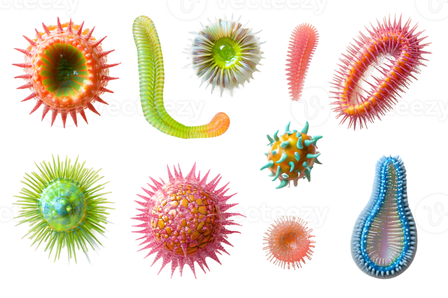 Vibrant collection of colorful microorganisms illustrating diverse shapes and textures in a scientific display png