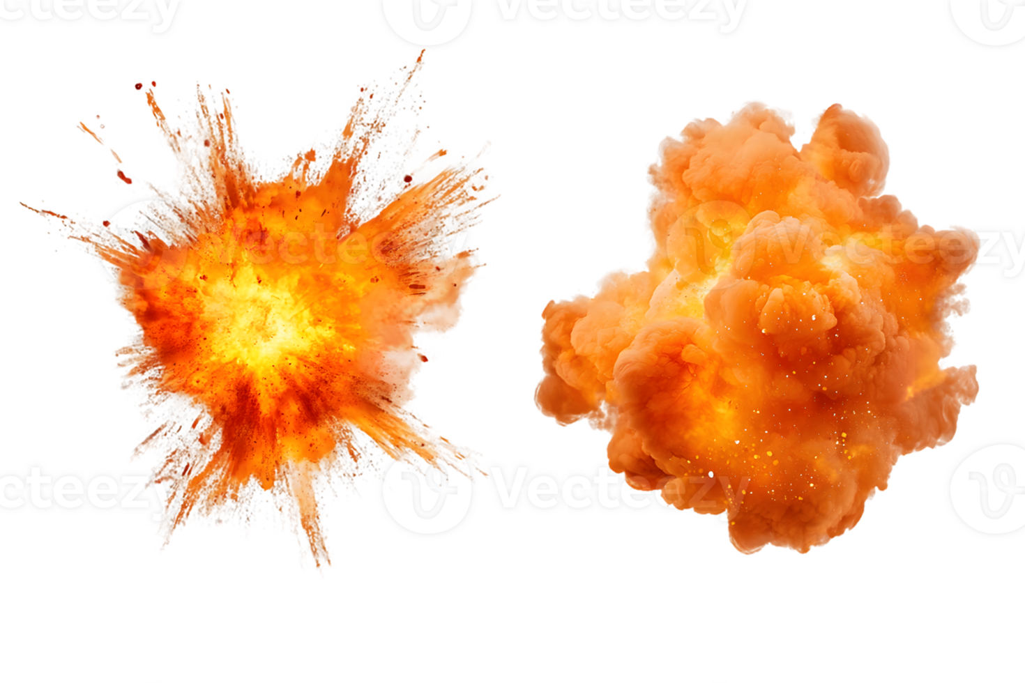 Vibrant explosion radiating fiery orange and yellow flames with particles scattering in dynamic burst effect png