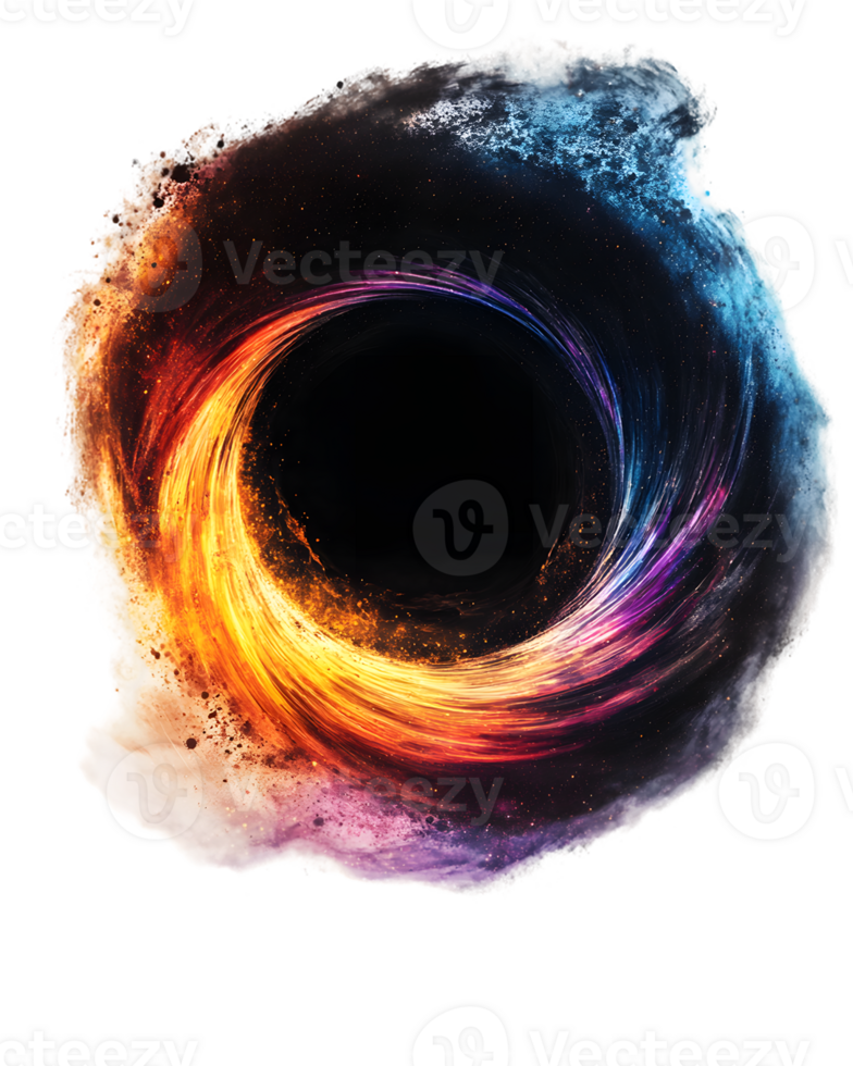 Vibrant spiral of swirling energy with a dark center surrounded by cosmic hues creating a sense of dynamic movement and depth in an abstract design png