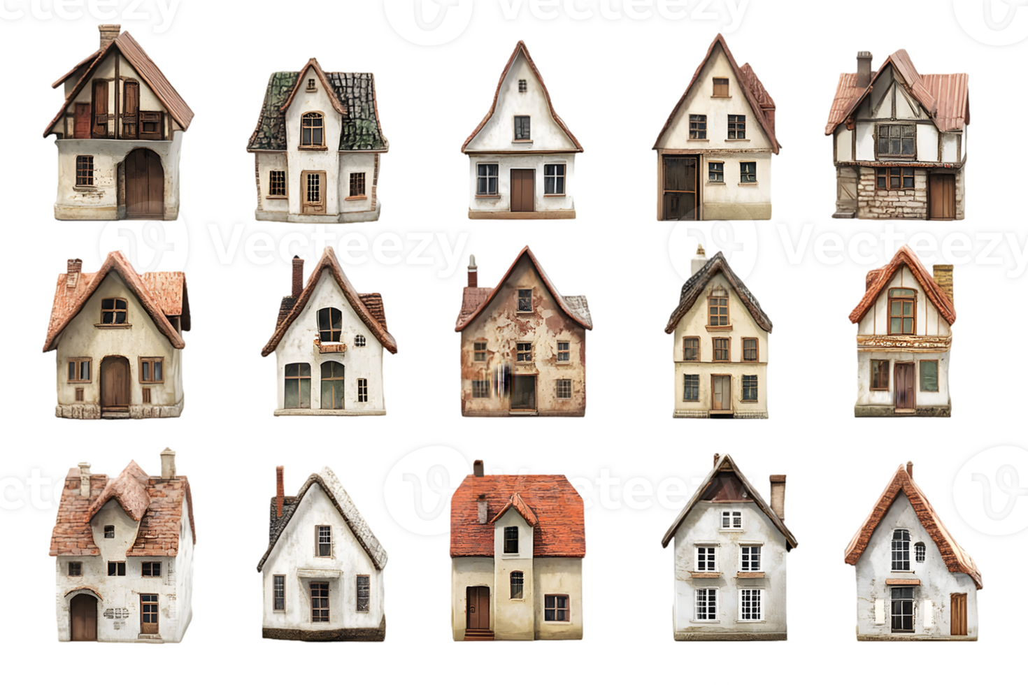 Collection of charming rustic houses, diverse architectural styles and aged exteriors png