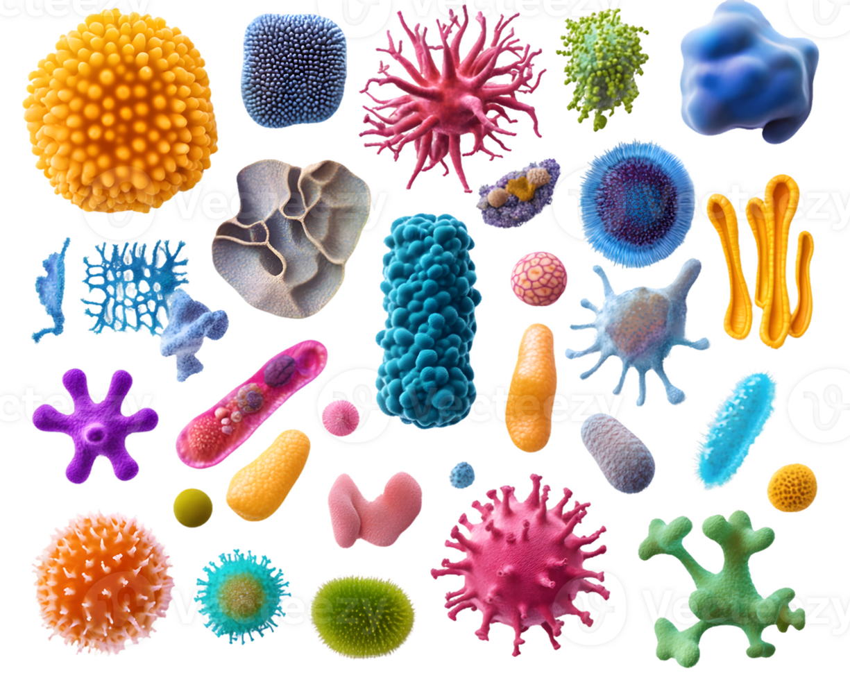 Vivid collection of diverse microscopic organisms showcasing colorful bacteria and viruses in various shapes png